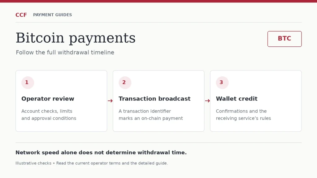 Diagram of a Bitcoin casino withdrawal: operator review, transaction broadcast and receiving-wallet credit.