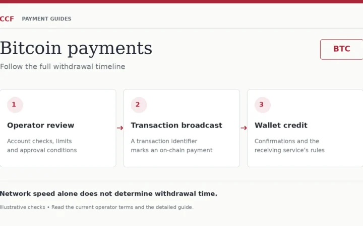 Diagram of a Bitcoin casino withdrawal: operator review, transaction broadcast and receiving-wallet credit.