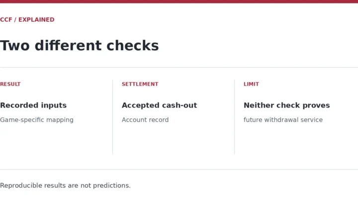 RESULT — Recorded inputs — Game-specific mapping; SETTLEMENT — Accepted cash-out — Account record; LIMIT — Neither check proves — future withdrawal service. Reproducible results are not predictions.