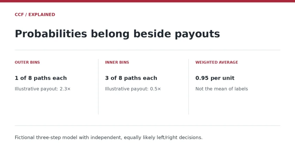 OUTER BINS — 1 of 8 paths each — Illustrative payout: 2.3×; INNER BINS — 3 of 8 paths each — Illustrative payout: 0.5×; WEIGHTED AVERAGE — 0.95 per unit — Not the mean of labels. Fictional three-step model with independent, equally likely left/right decisions.