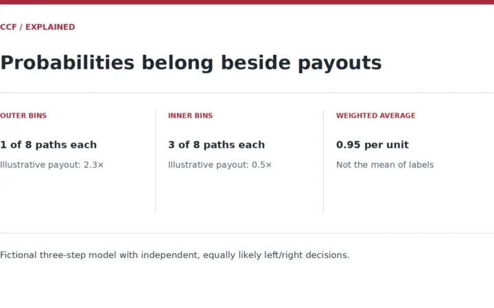 OUTER BINS — 1 of 8 paths each — Illustrative payout: 2.3×; INNER BINS — 3 of 8 paths each — Illustrative payout: 0.5×; WEIGHTED AVERAGE — 0.95 per unit — Not the mean of labels. Fictional three-step model with independent, equally likely left/right decisions.